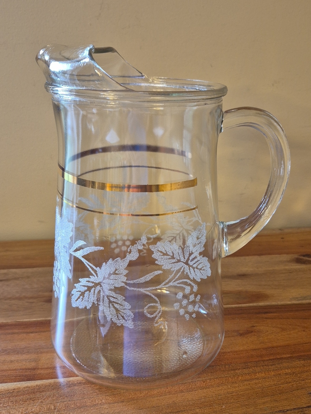 Vintage Bartlett-Collins Glass Pitcher with Etched Grape Leaves & Gold Bands